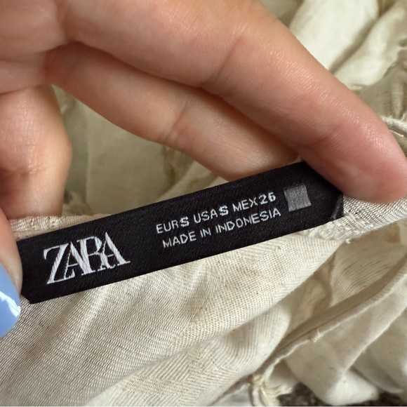 Zara Tan Linen Blend Puff Sleeve Blouse Size S Boho Textured Fringe Rustic - Picture 7 of 9